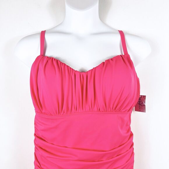 Catherines Size 20W One Piece Swimsuit Hot Pink Ruched Padded Slimming NEW *READ - Picture 2 of 11